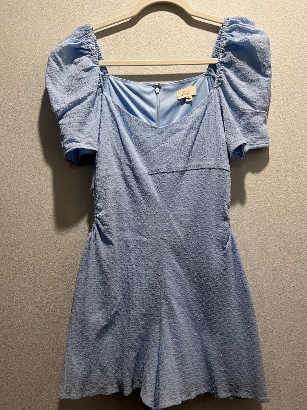 Lina Baby Blue Puff Sleeve Cutout Romper, Size Medium